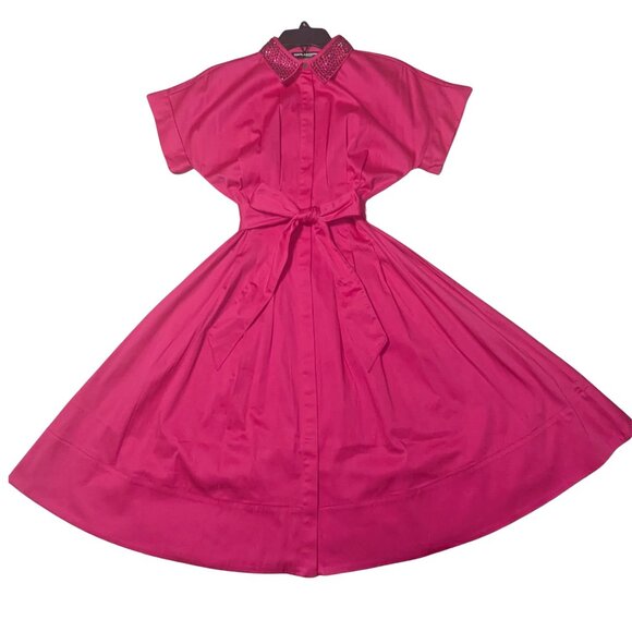 Fuchsia Shirt Dress with Waist Bow | A-Line MidiDress Short Sleeve CollaredDress - Picture 3 of 6